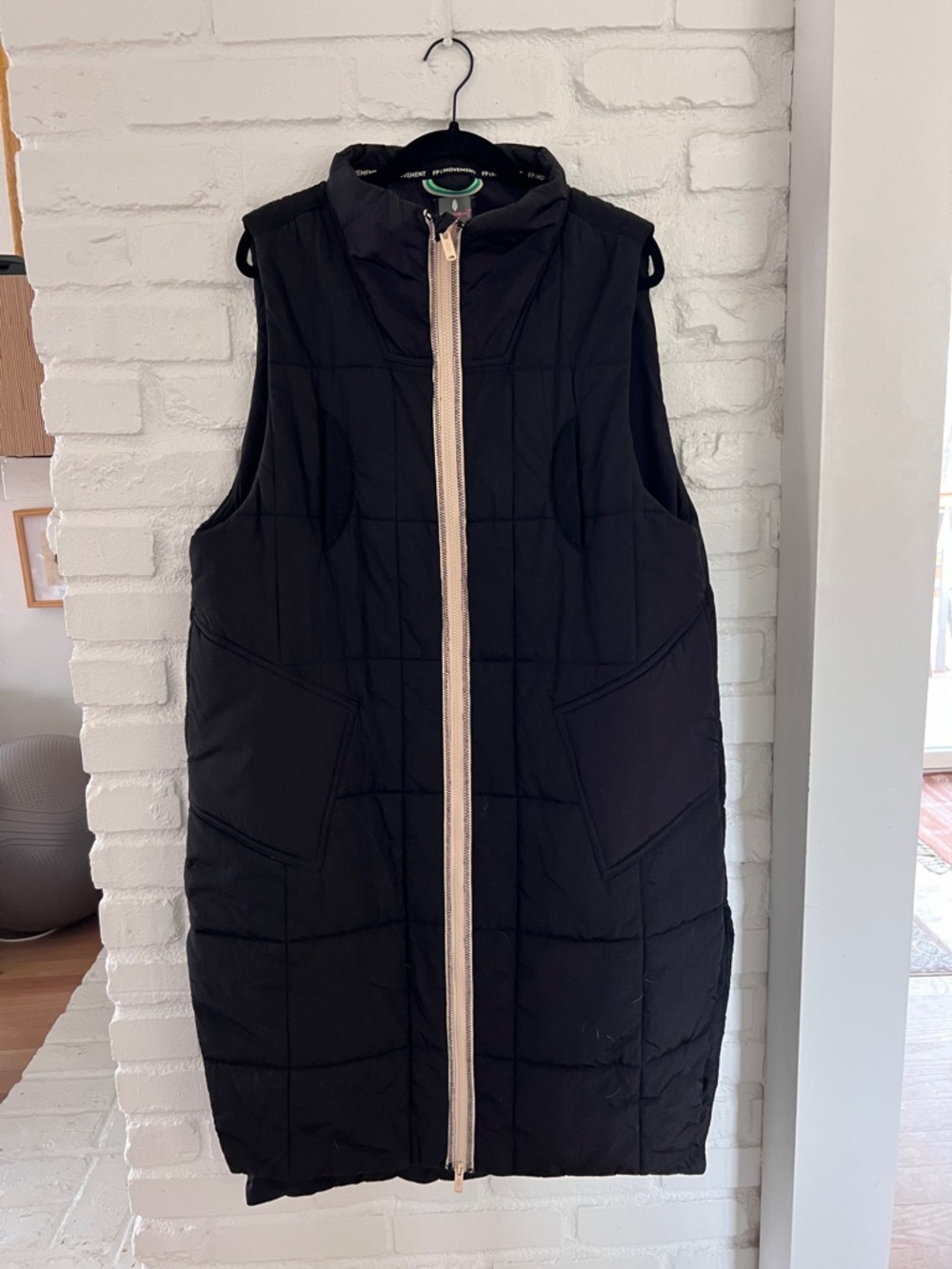 FP Movement Black Quilted Puffer Vest with Beige Zipper Trim